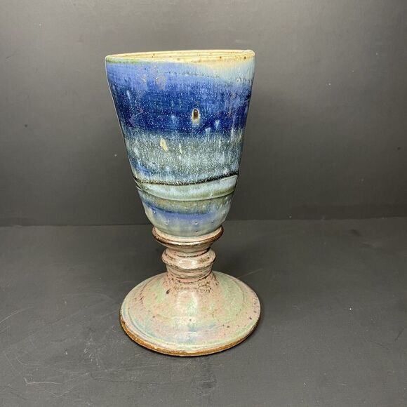 Other - Vtg Hand Thrown Stoneware‎ STUDIO ART POTTERY  7" Wine Glass Goblet Blue Glazed